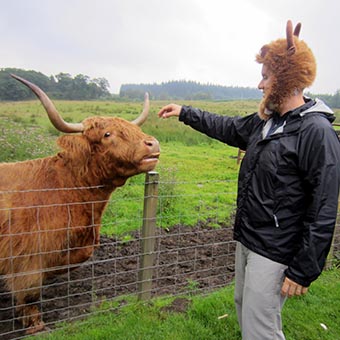 Craig petting a hairy coo while wearing a novelty hairy coo hat