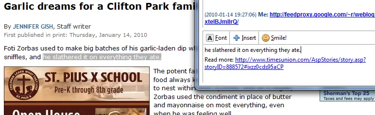 Highlighted text on a web site which is then pasted in an AOL Instant Messenger window where a link to the web site was appended