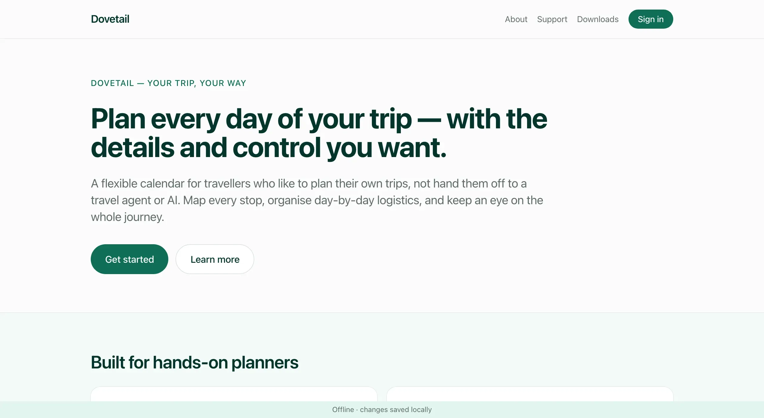 The Dovetail Travel Planner landing page