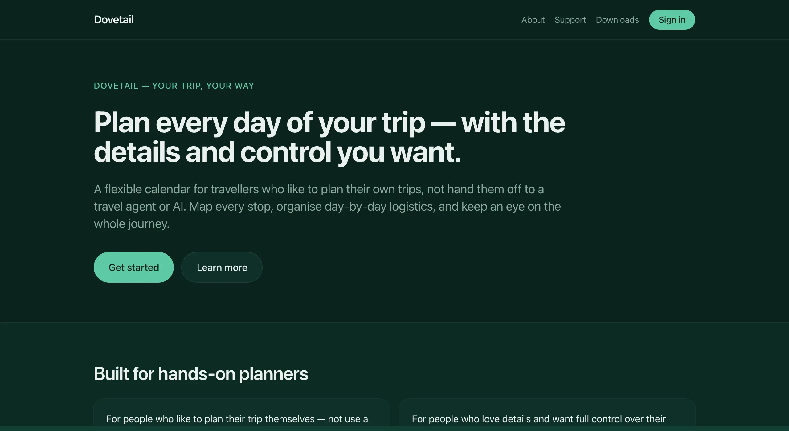 The dovetail.travel landing page: “Plan every day of your trip—with the details and control you want.”