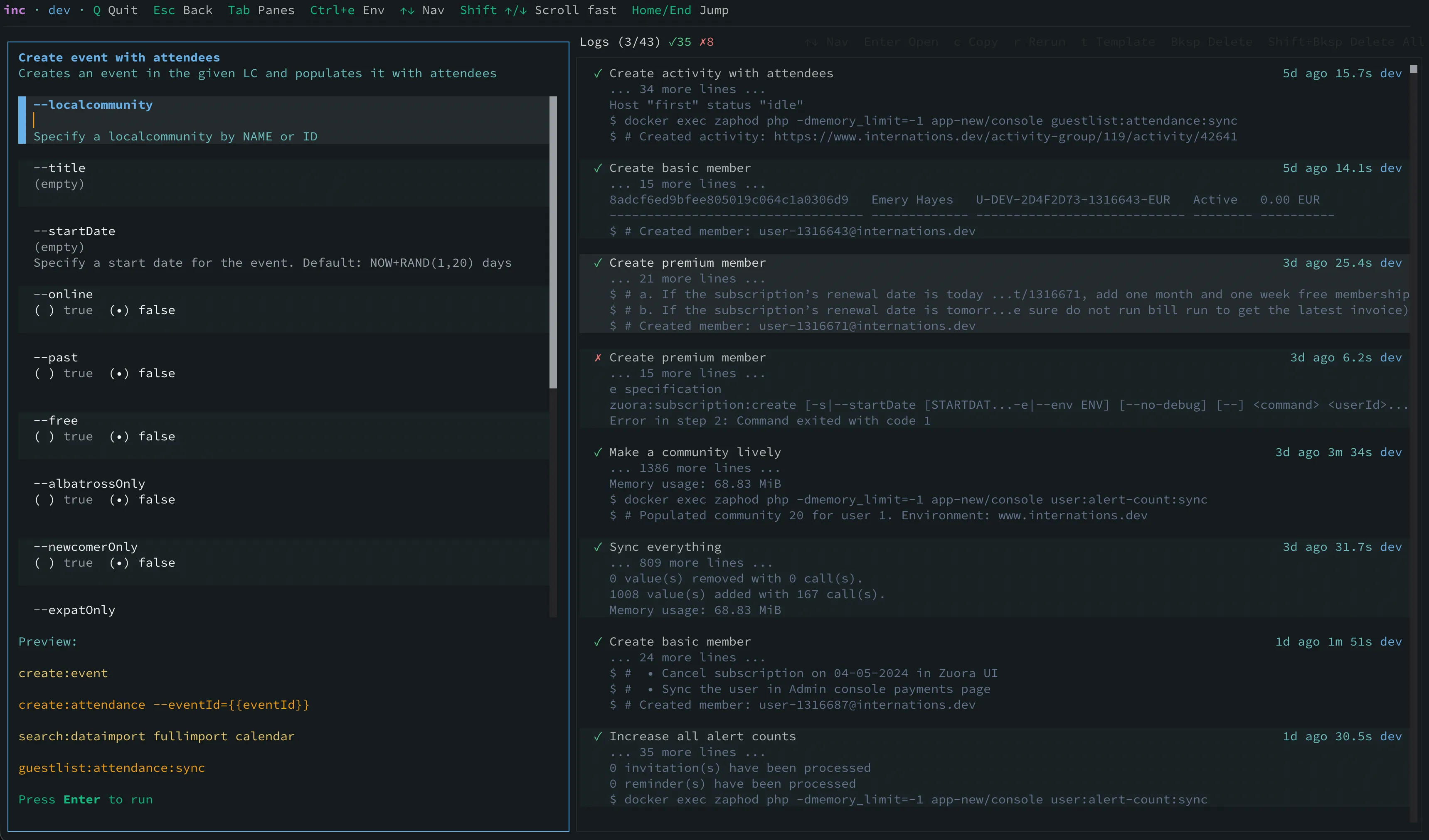 Inc showing a generated event form beside a searchable log of completed and failed development commands