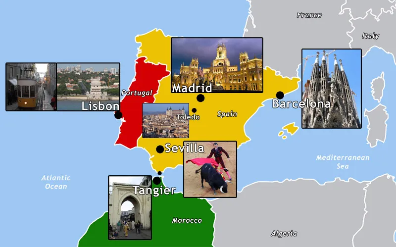 Map of Western Europe with each location noted and annotated with a photo