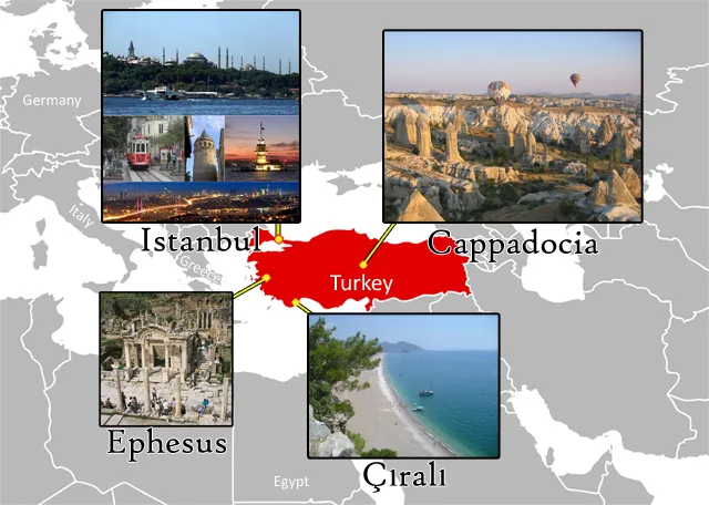 Photos of the places we visited superimposed on a map.