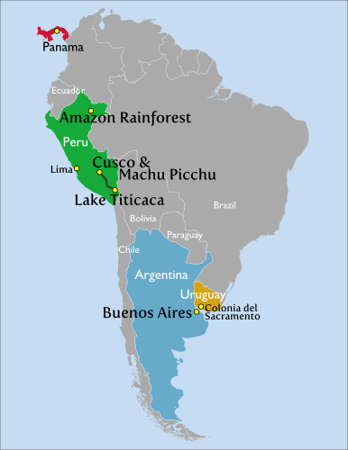 Map of South America with each location noted and annotated with a photo