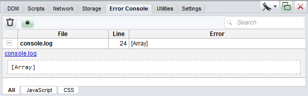 Opera console showing "Array()" rather than the actual arguments