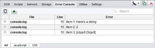 Opera's console listing each argument on a separate line
