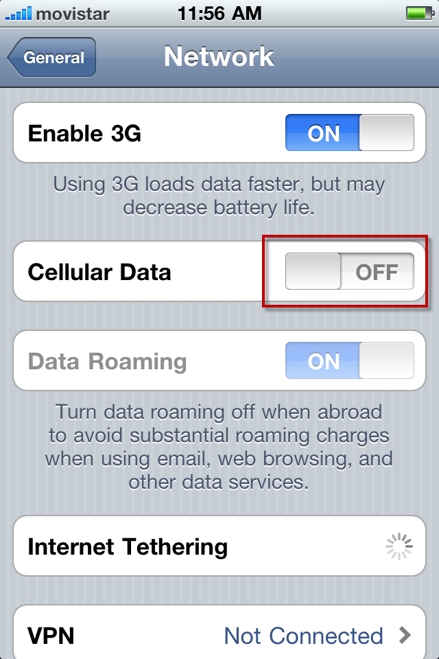 Cellular Data switched to ‘Off’ in Settings