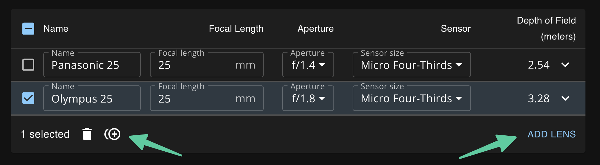 Comparison of two lenses, with the Add Lens button and Duplicate icon button highlighted