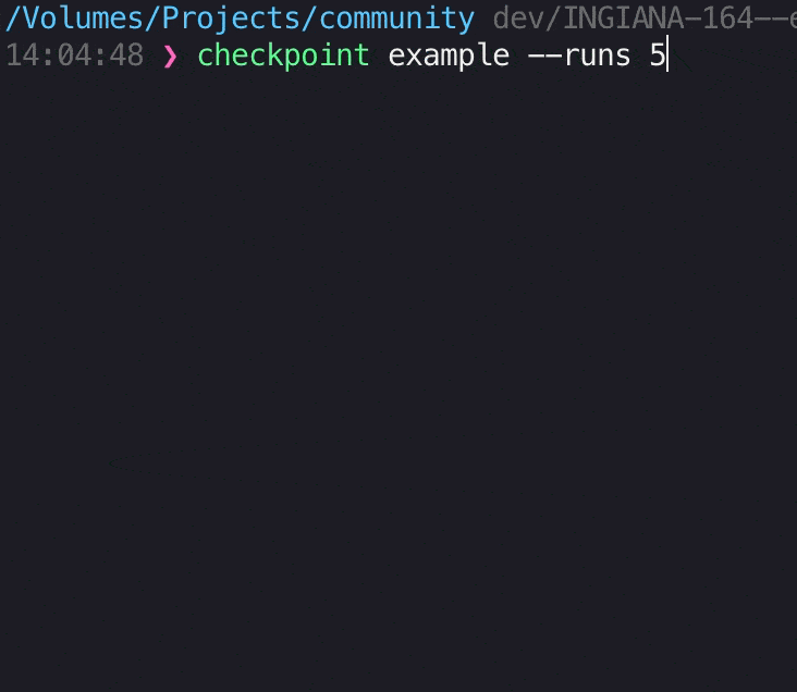 Terminal running the Checkpoint example task five times and reporting the duration of each run