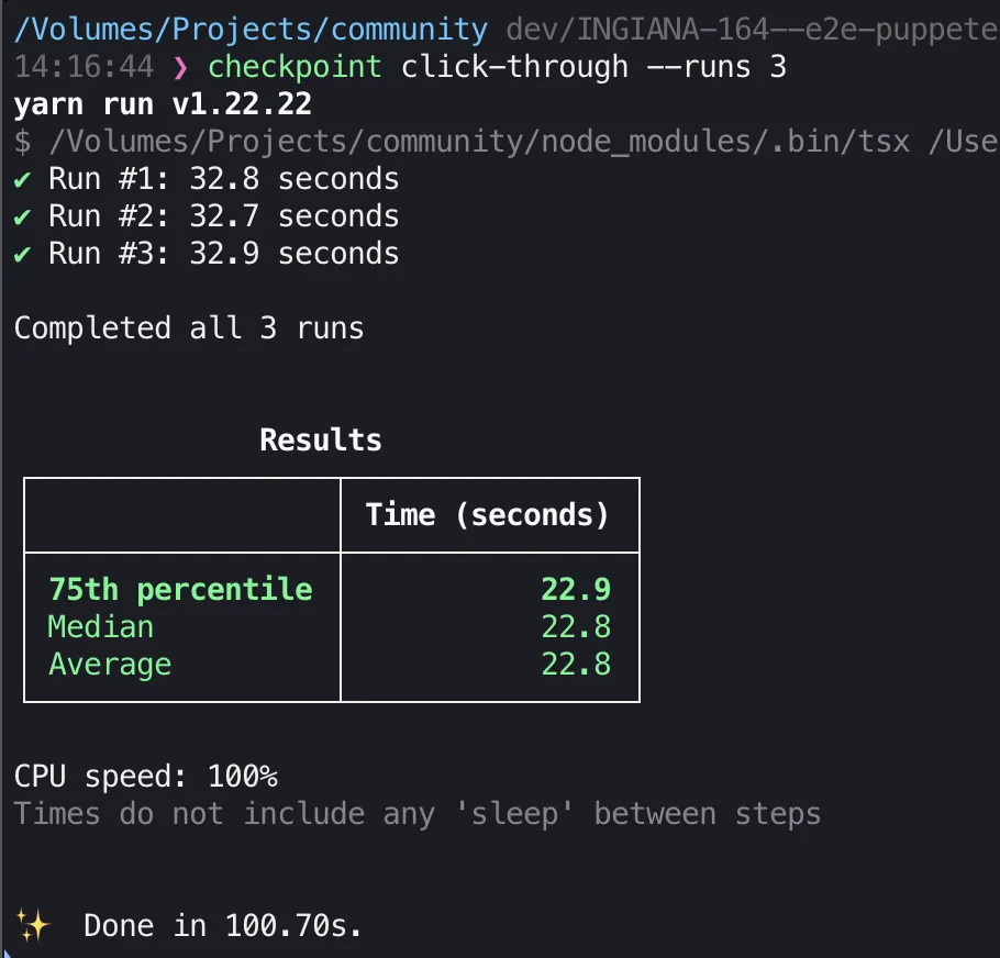 Terminal output from three click-through task runs with percentile, median, and average timings