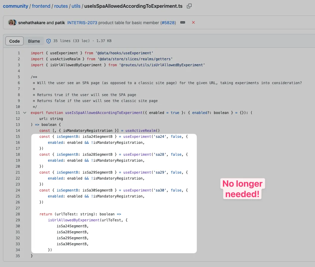 The deprecated useIsSpaAllowedAccordingToExperiment hook with four experiment checks marked as no longer needed
