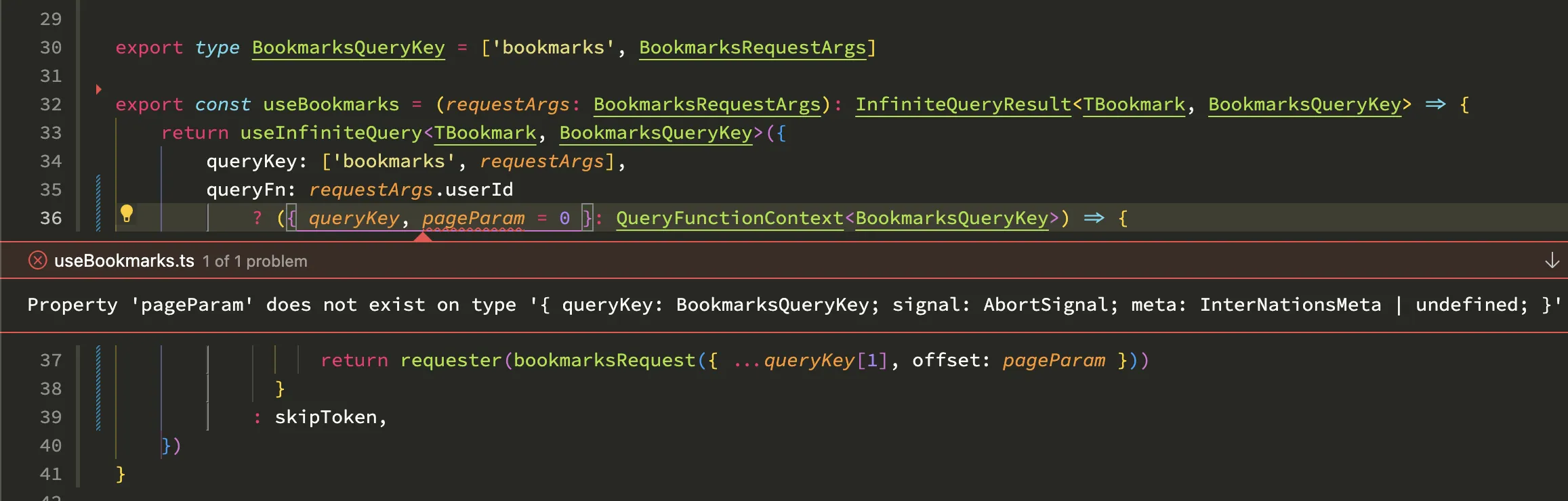 TypeScript error showing pageParam missing from QueryFunctionContext because its type was not provided