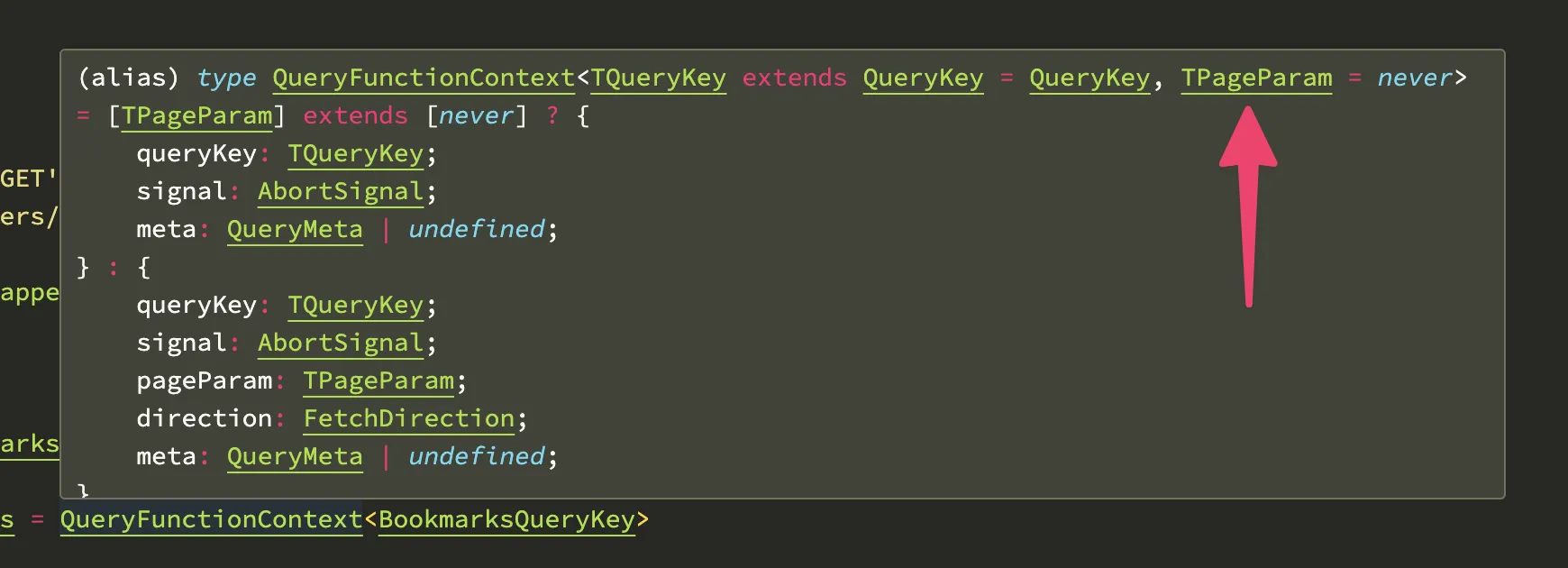 QueryFunctionContext type signature highlighting the TPageParam generic