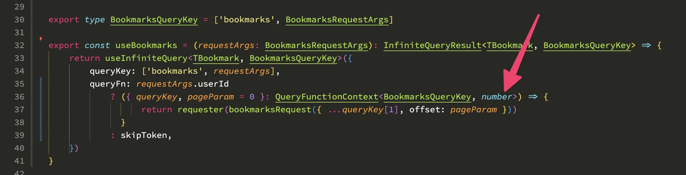 The useBookmarks query with number supplied as QueryFunctionContext's page parameter type