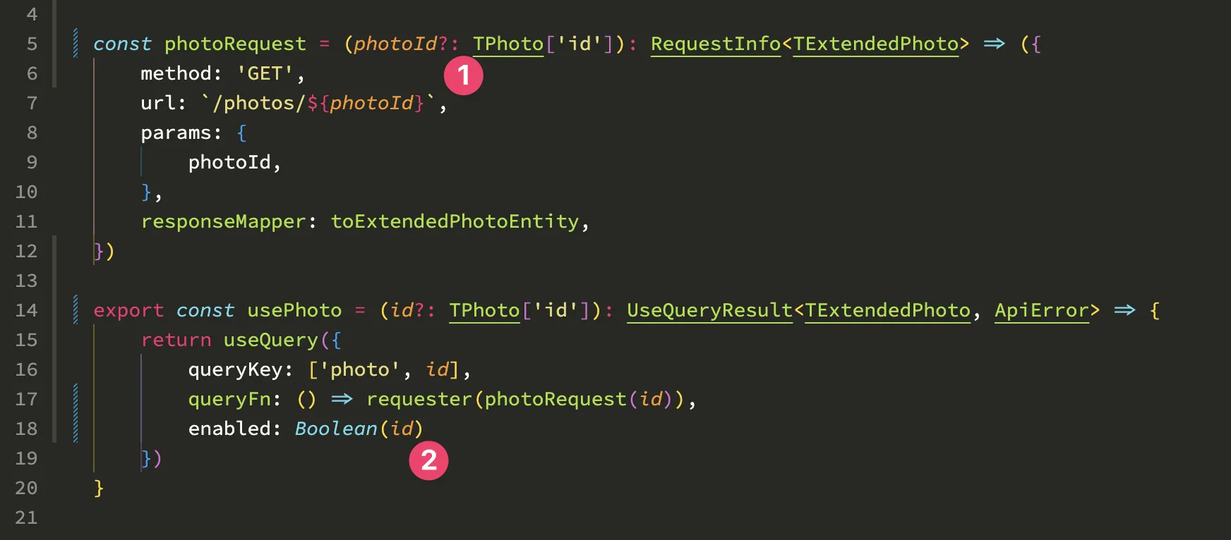 The usePhoto query with an optional request ID guarded by the enabled option