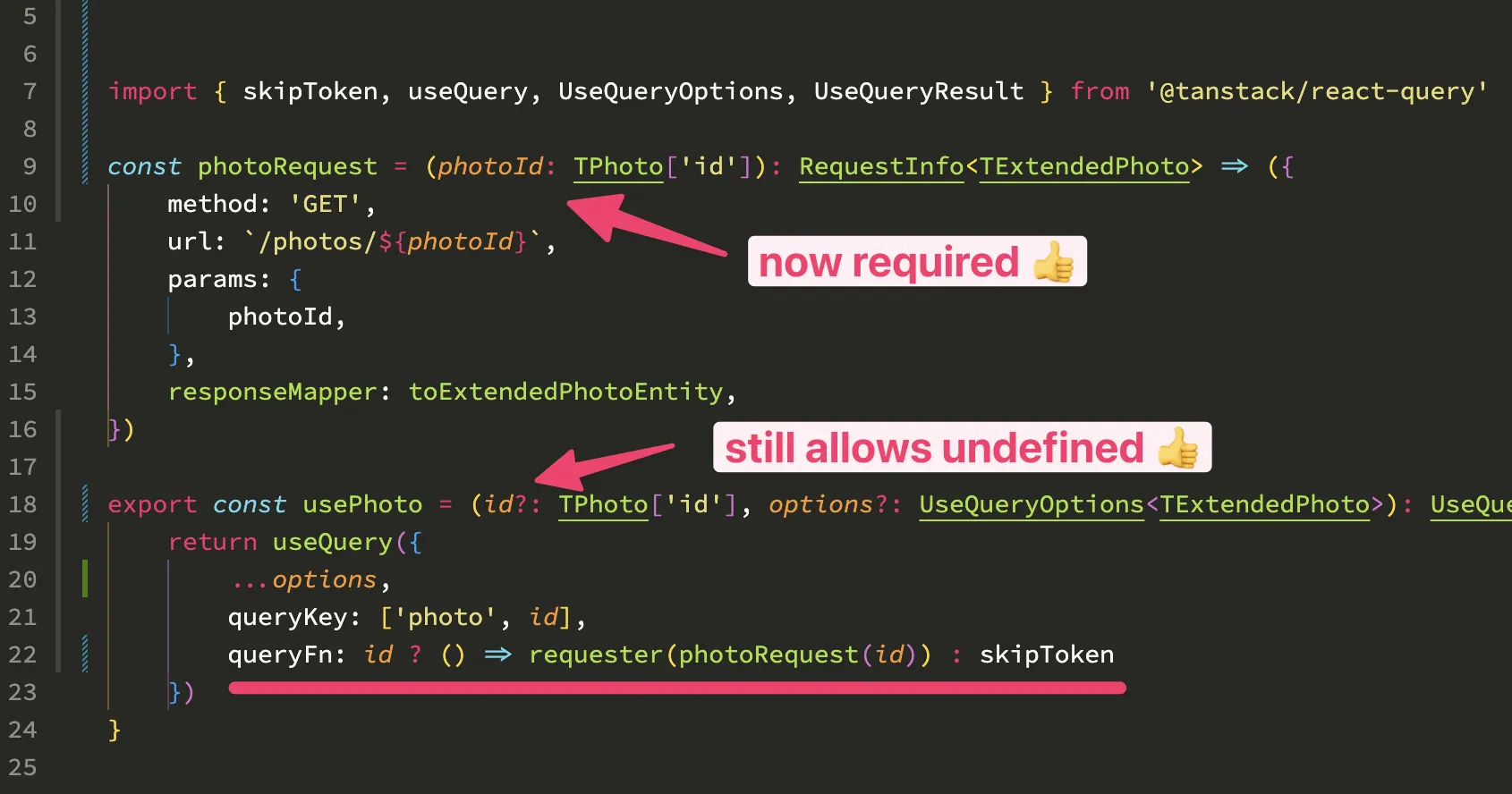 The usePhoto query using skipToken when its optional ID is undefined