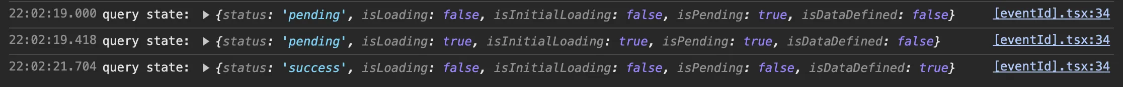 Console timeline showing isPending, isLoading, and data availability before, during, and after a query