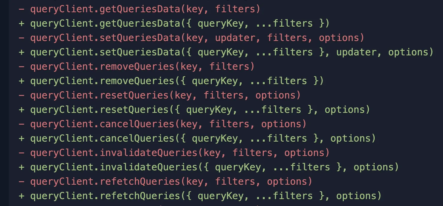 React Query v5 method signatures changing from positional arguments to object syntax
