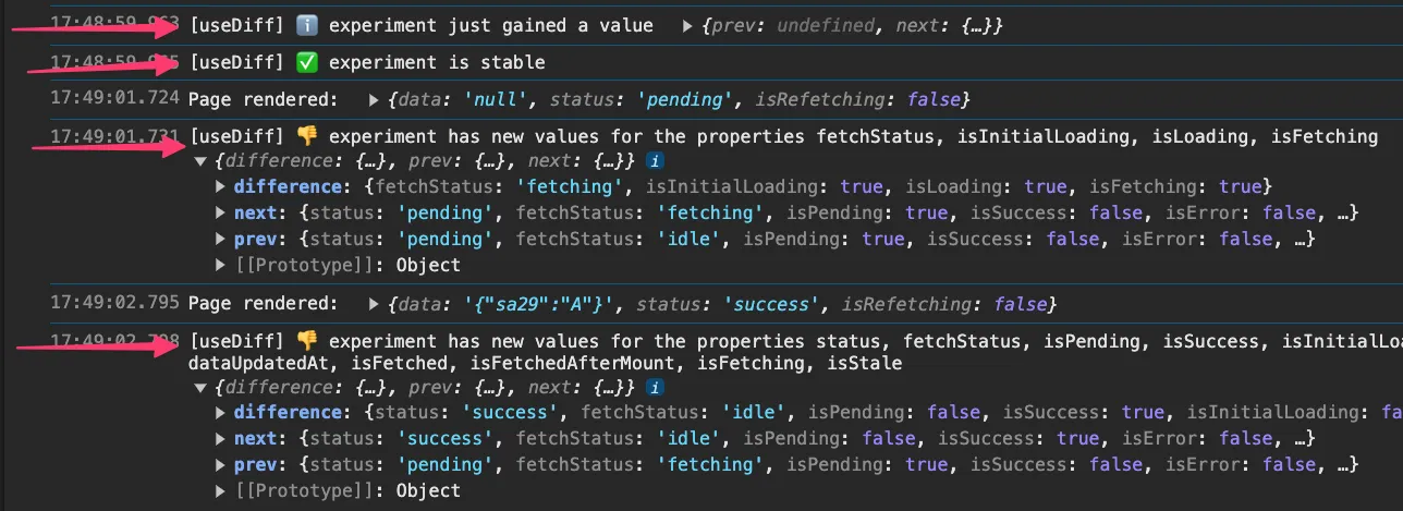 Console output from useDiff showing when the experiment object stays stable and when its properties change