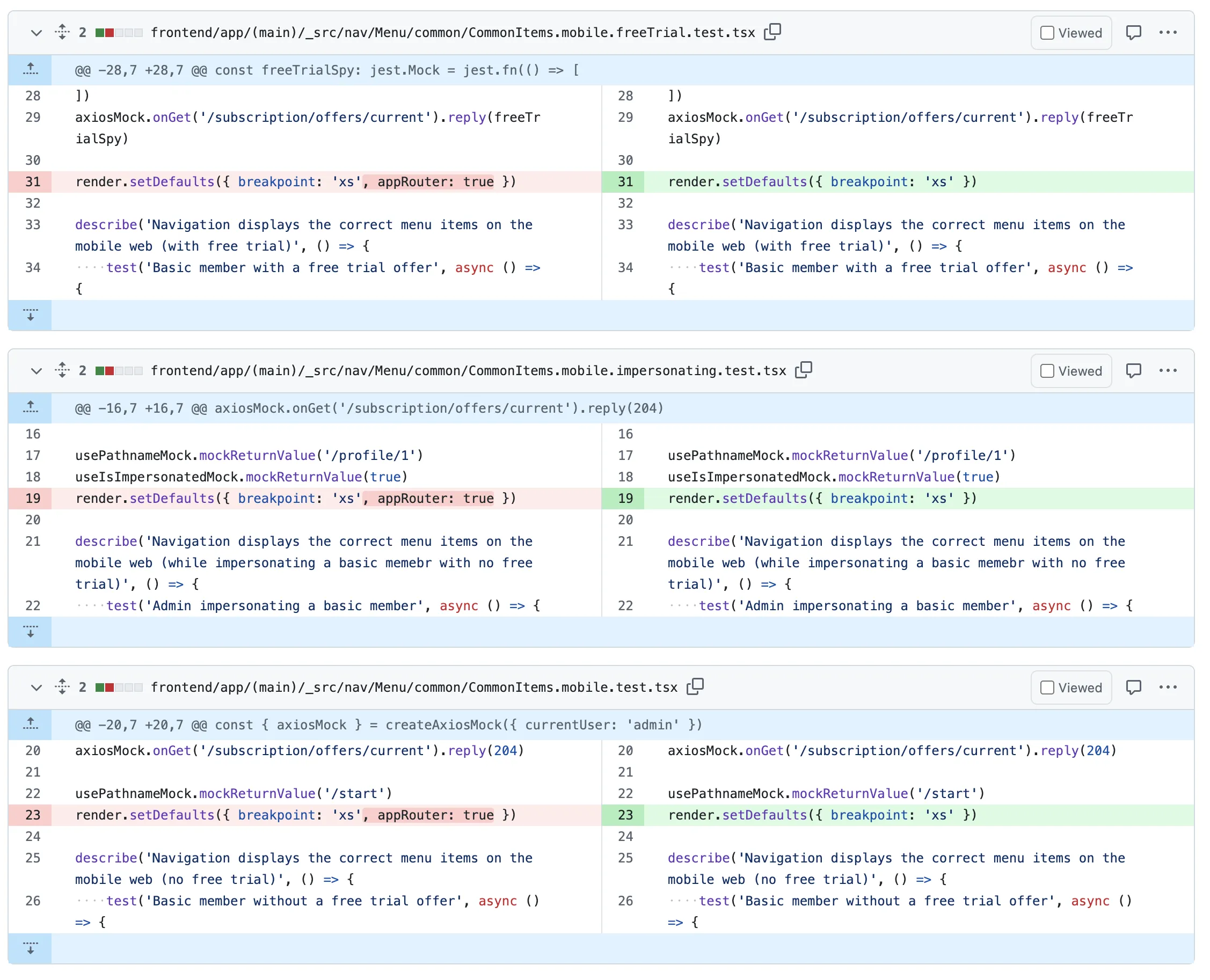 GitHub diff removing the obsolete appRouter option from three navigation tests